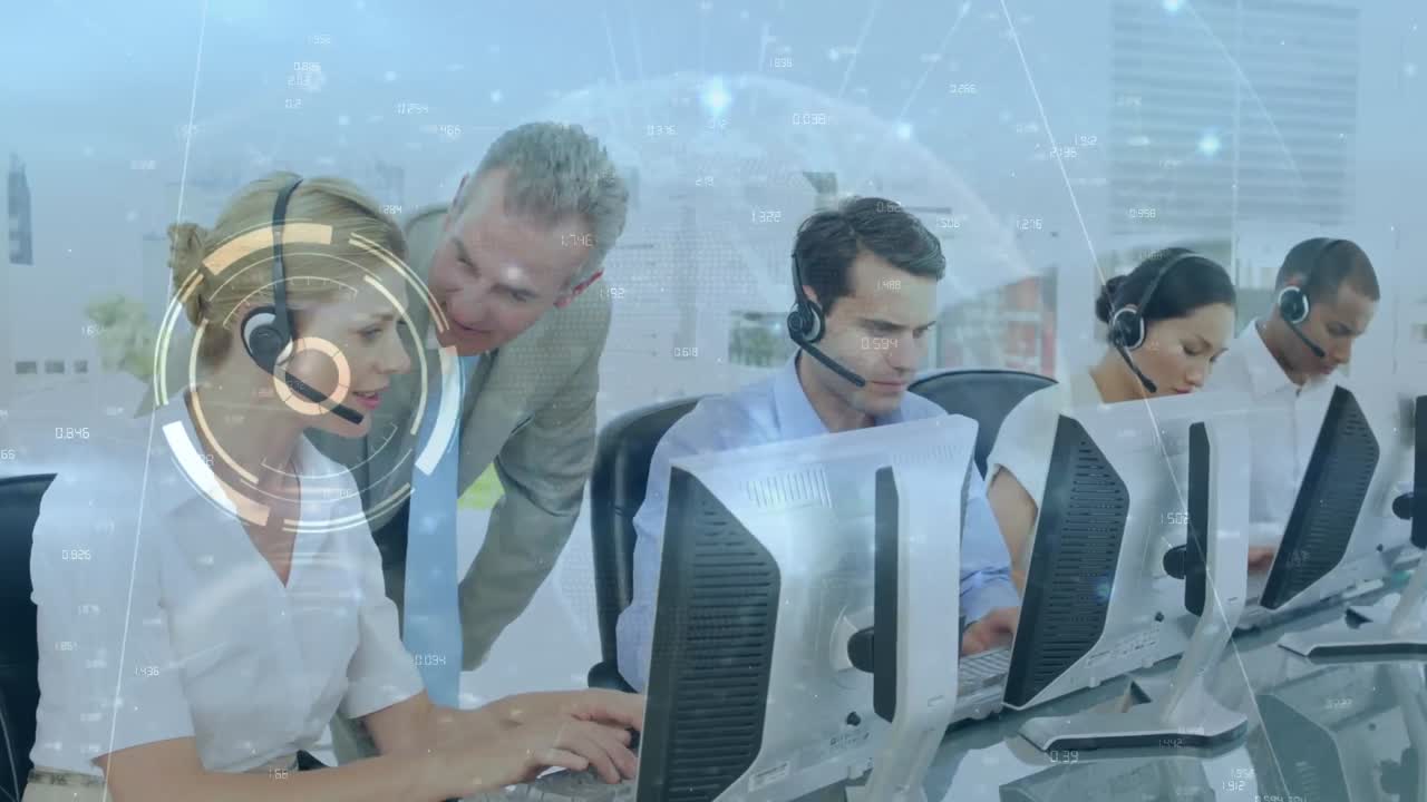 전화 헤드 ⁇  을 사용하는 사업가 들 의 전 세계 에 대한 애니메이션