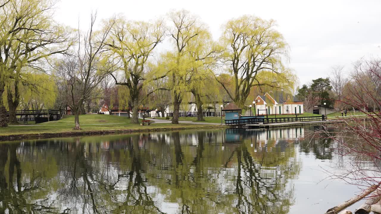 A tranquil reflective pond on Toronto Island, surrounded by lush trees and vibrant foliage, creating a stunning mirror-like reflection on the still water.