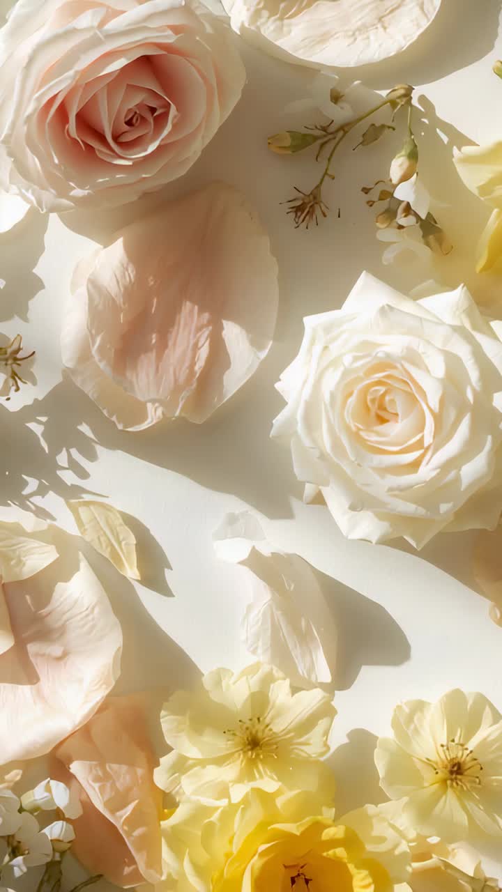 Video verticale: Luce solare cangiante che illumina rose rosa e crema su un tavolo, con fiori e petali gialli.