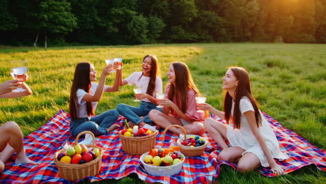 joyful friends celebrating with a picnic at sunset