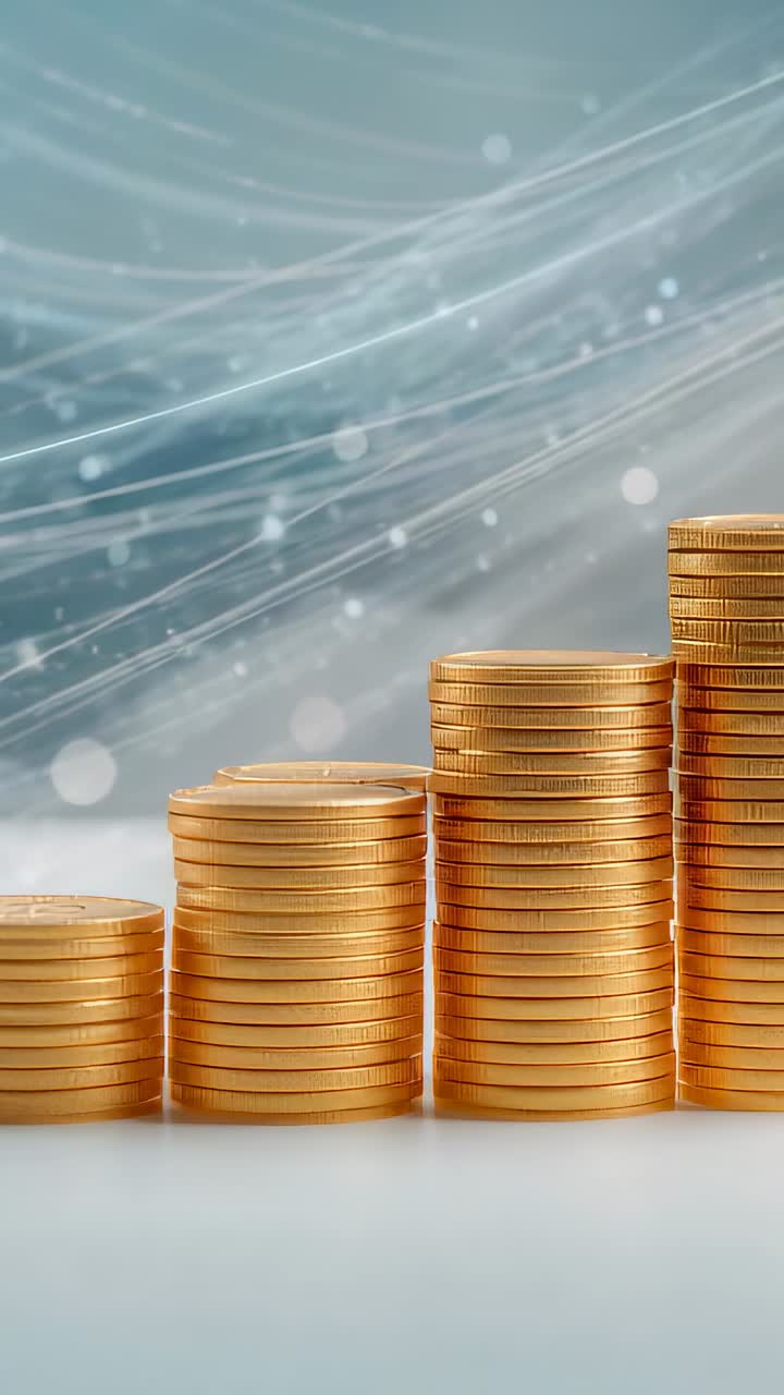 Vertical video: Opening showing four gold coin stacks on white table with blue sparkles, copy space