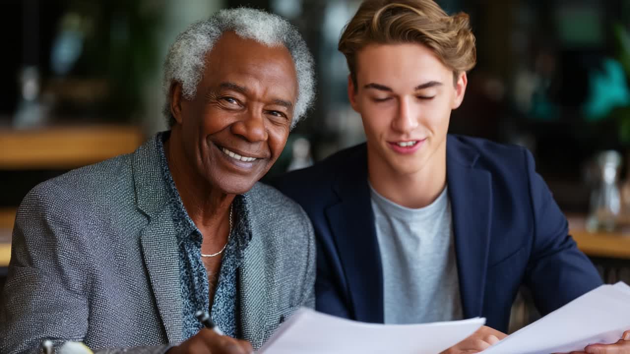 A Heartwarming Generational Moment: Two Smiling Individuals Collaborate and Share Their Passion for Learning While Reviewing Important Documents in a Cozy, Bright Environment Filled with Natural Light