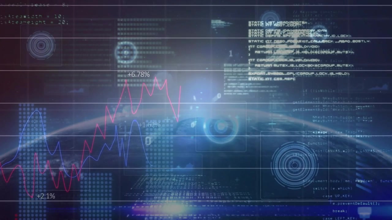 Orizzonte planetario che riceve un flusso di dati, sovrapponendo analisi HUD, tracciando grafici e indicatori percentuali