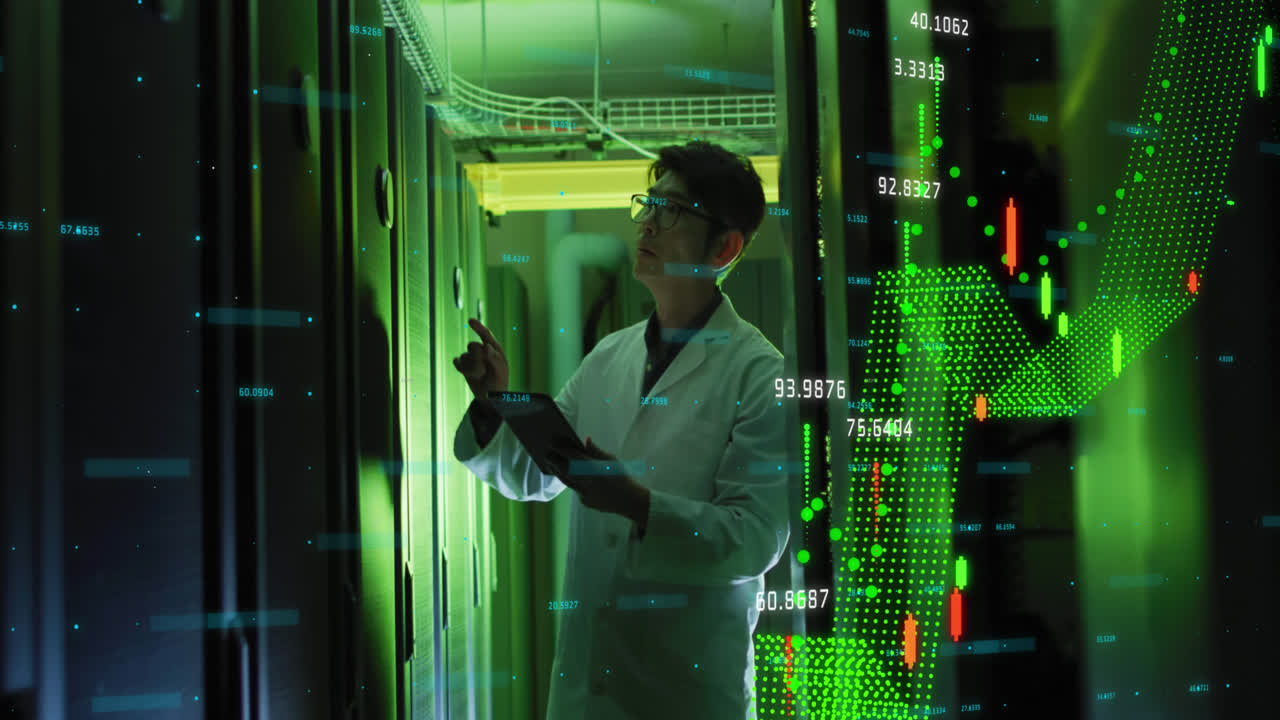 Animazione di elaborazione statistiche su un ingegnere informatico asiatico con tablet accanto a un server informatico.
