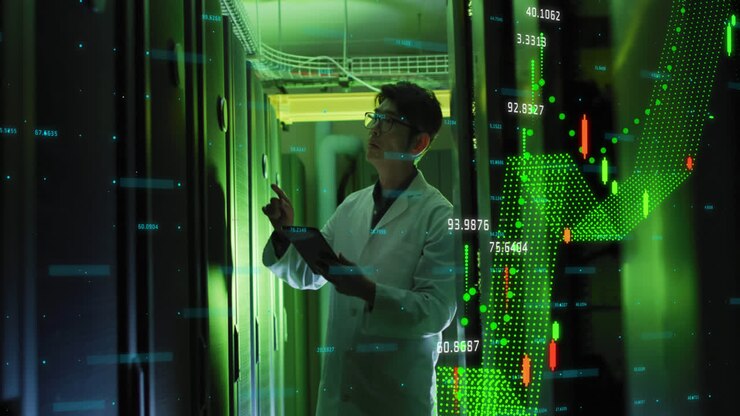 Animazione di elaborazione statistiche su un ingegnere informatico asiatico con tablet accanto a un server informatico.
