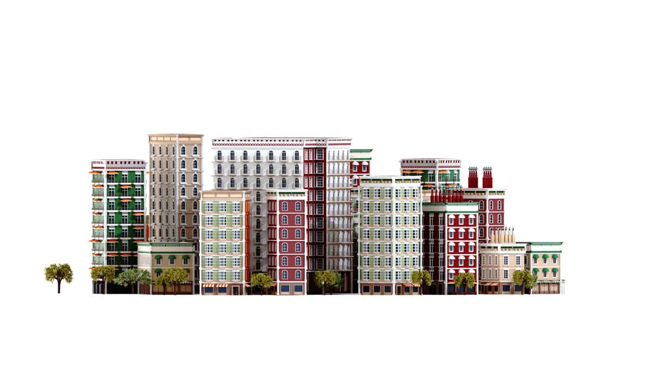 카메라가 주기적인 건물과 함께 아름다운 도시 주변을 날아갑니다. 3d 렌더링 4k