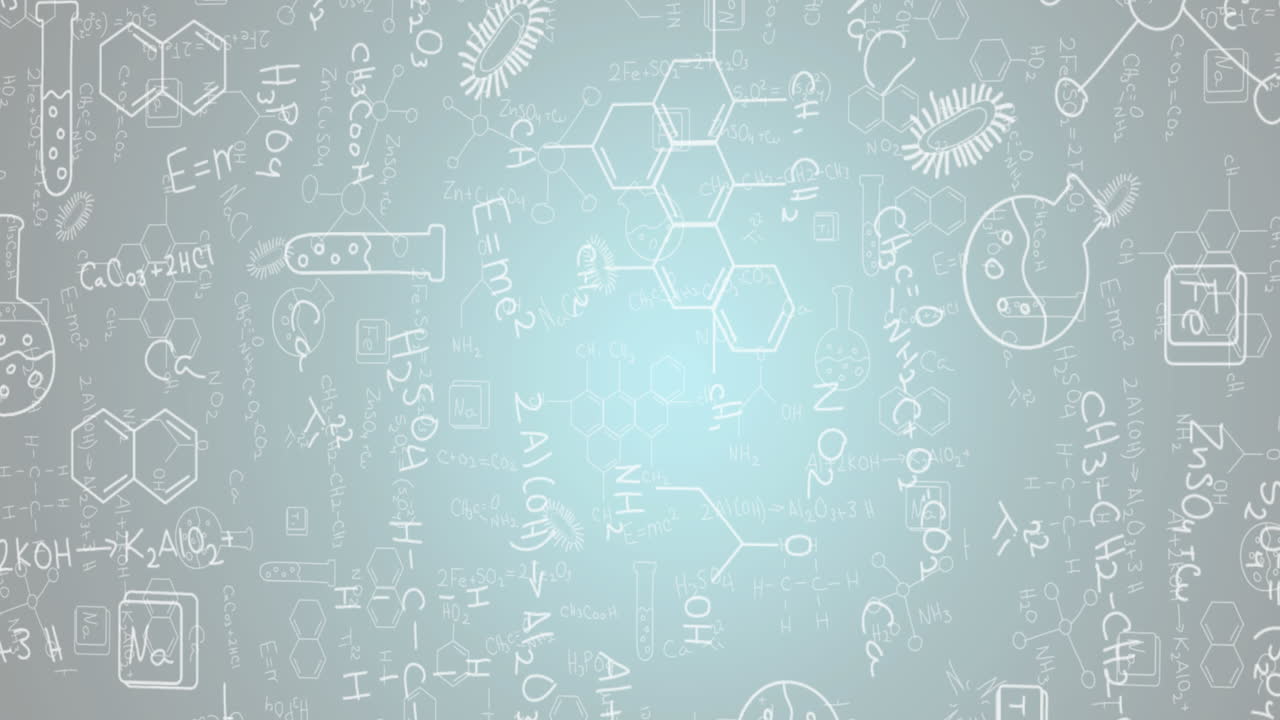 Animation of mathematical equations and science concept icons against blue gradient background