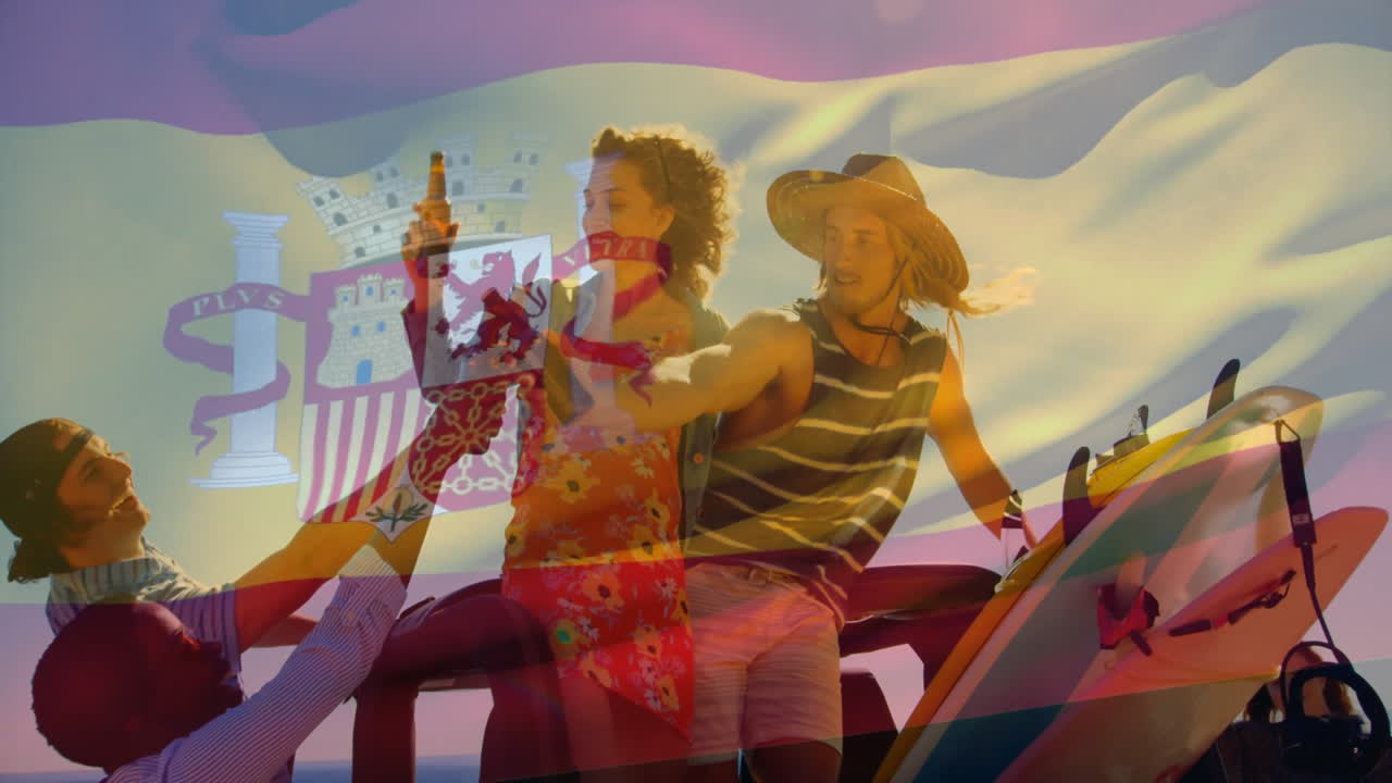 서핑 보드와 함께 해변을 즐기고, 스페인 발 애니메이션을 가진 친구들