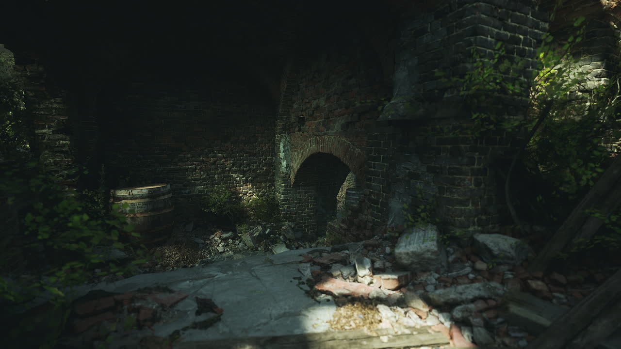 Exploring an abandoned structure with overgrown vegetation in a dimly lit area
