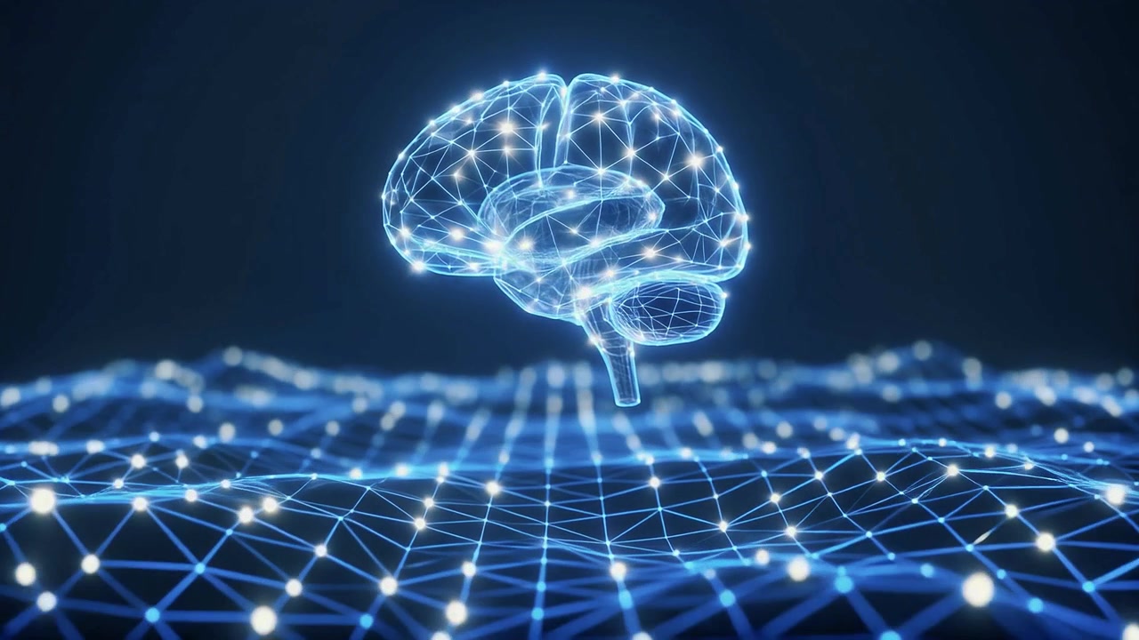 Artificial Intelligence Brain with Glowing Neural Network and Data Flow