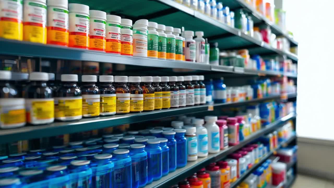 Pharmacy shelves with various medications