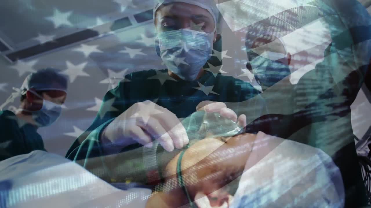 Animation of flag of usa waving over surgeons in operating theatre