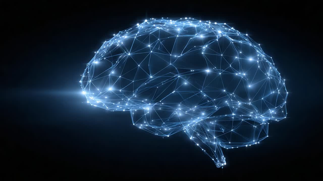 A Stunning Visualization of a Digital Brain Representing Neural Connections with Bright Luminescent Nodes and a Complex Network Structure Against a Dark Background