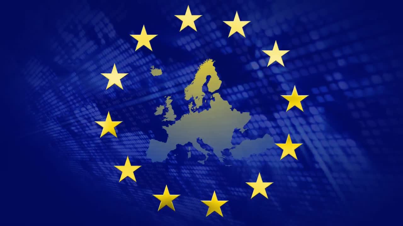 Stelle gialle in rotazione su mappa dell'UE su sfondo di elaborazione dati di borsa