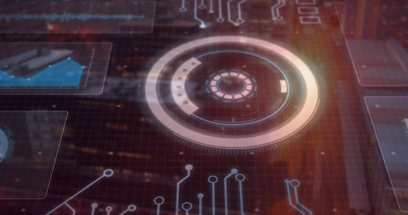 Initializing central HUD rotating and pulsing over dark streaked backdrop with side panels, traces