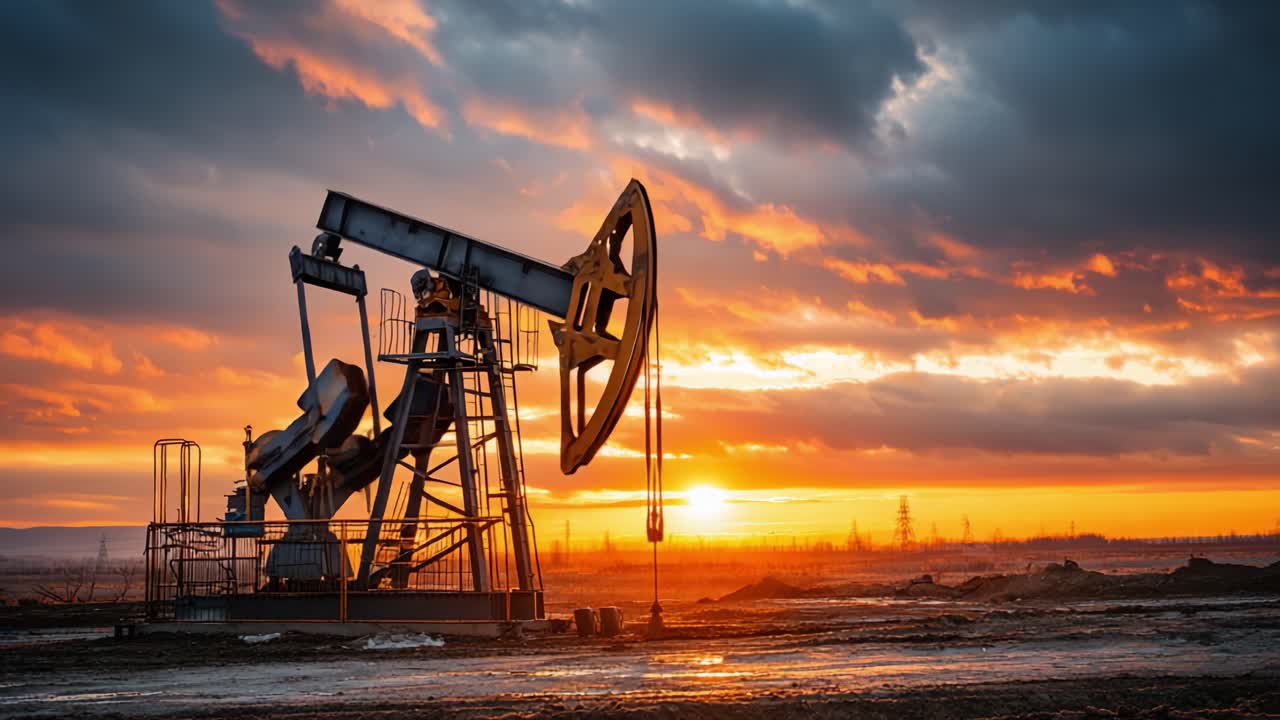 Captivating Sunset Over Oil Pumping Station: A Stunning Visual of Industrial Energy Extraction Against a Dramatic Sky