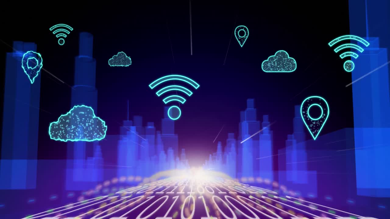 animación de nubes digitales e íconos volando sobre el paisaje urbano y codificación binaria.