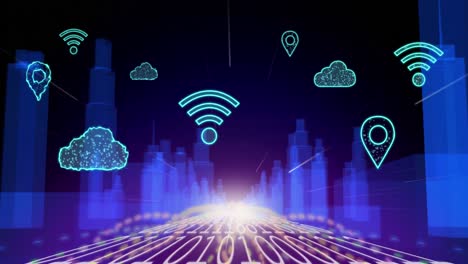 animazione di nuvole digitali e icone che volano sopra il paesaggio cittadino e codifica binaria.