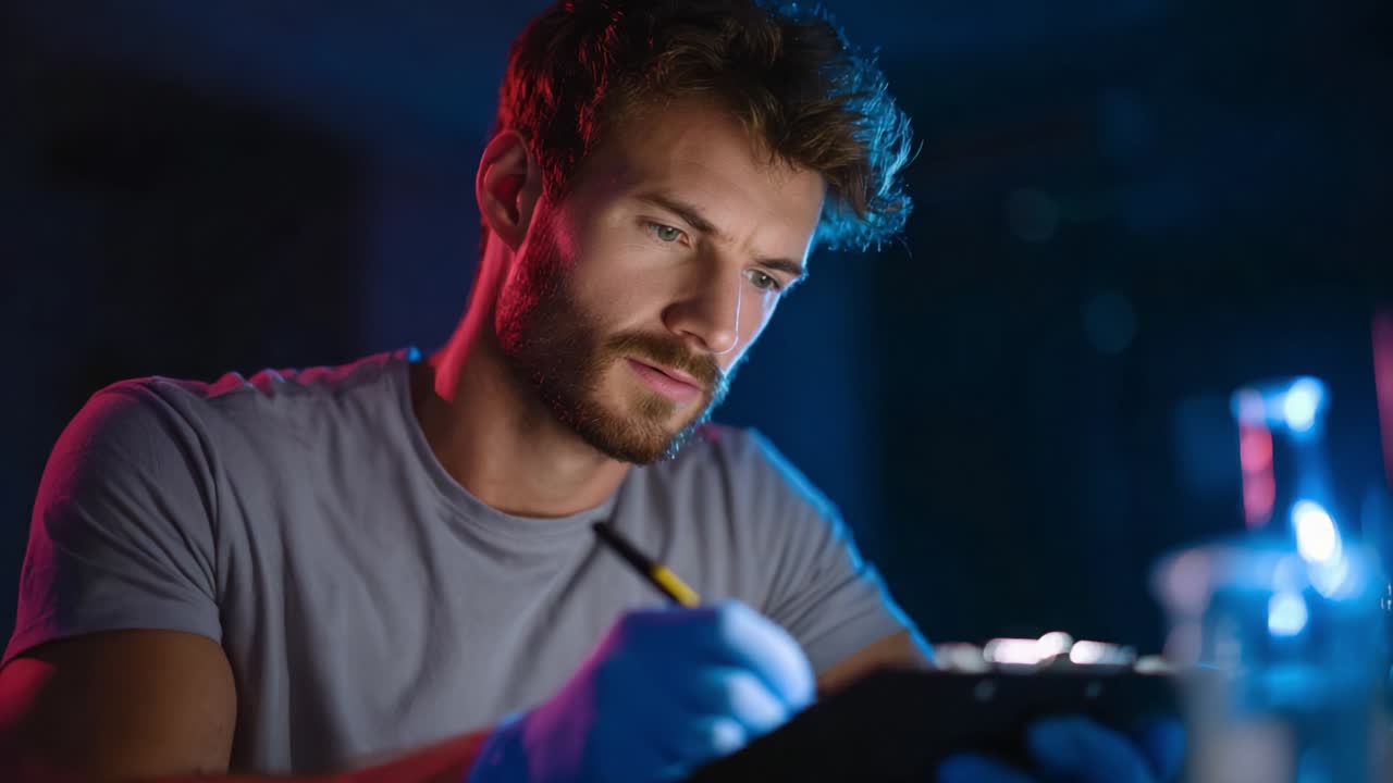 A focused male researcher in a stylish lab environment diligently examines data while taking notes with a pen, surrounded by vibrant blue and pink lighting that creates an engaging atmosphere for scientific pursuits