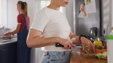 Diverse-female-couple-cooking-and-washing-vegetables-together-in-kitchen