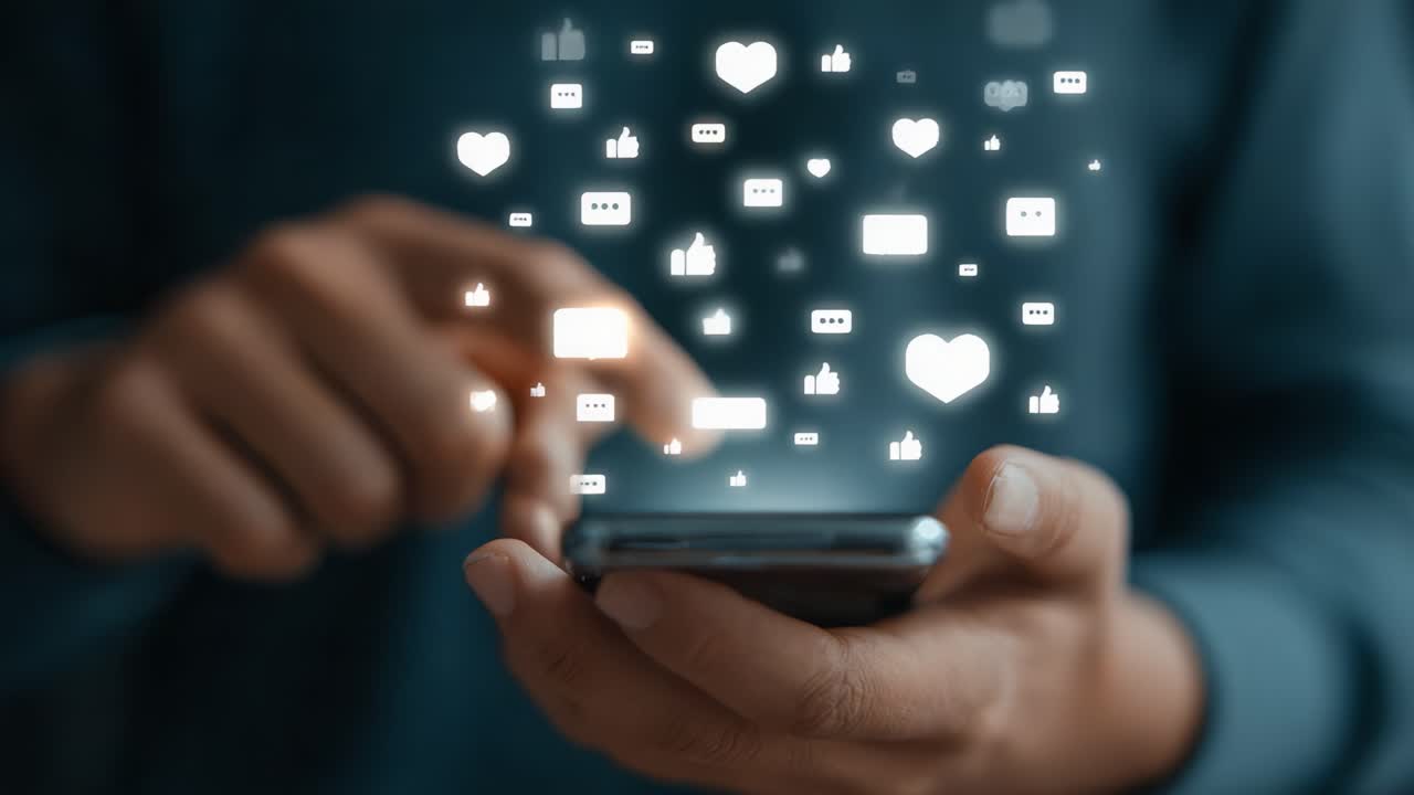 Engaging with Social Media: A Person Interacting with a Smartphone Surrounded by Floating Icons of Likes and Hearts, Signifying Digital Connection and Communication