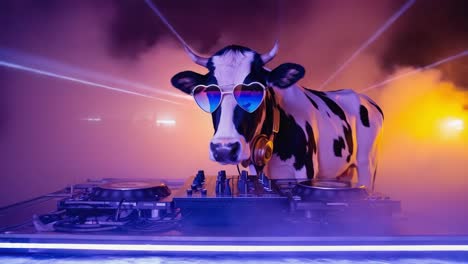 dj cow spinning tracks at a neon party
