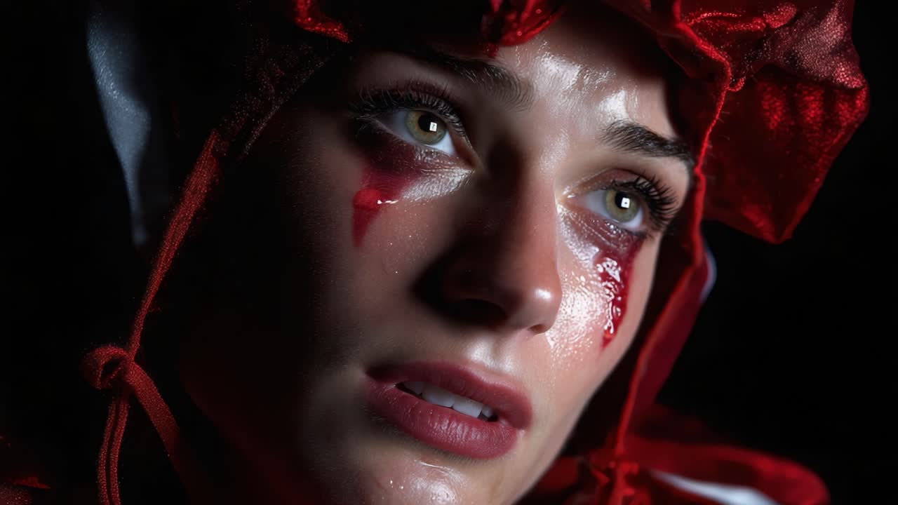 Un portrait d’une femme à la fois envoûtant et émouvant, vêtue d’un costume rouge saisissant, avec un maquillage spectaculaire, des larmes et un regard captivant évoquant des sentiments profonds et de l’intrigue