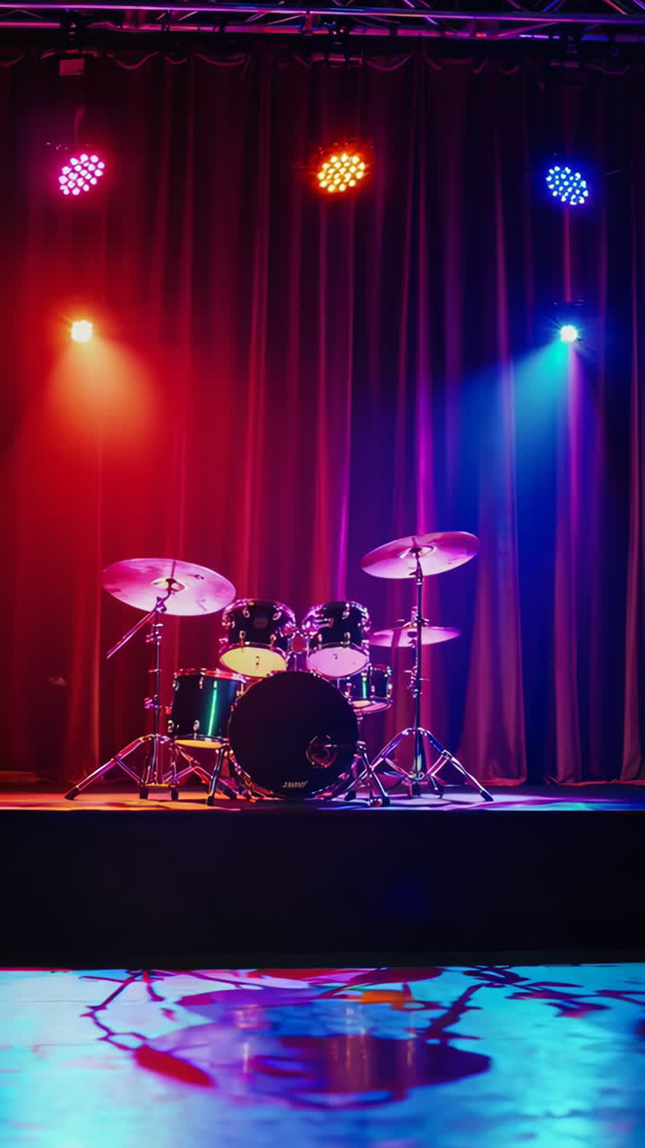 Drums on stage with stage lighting