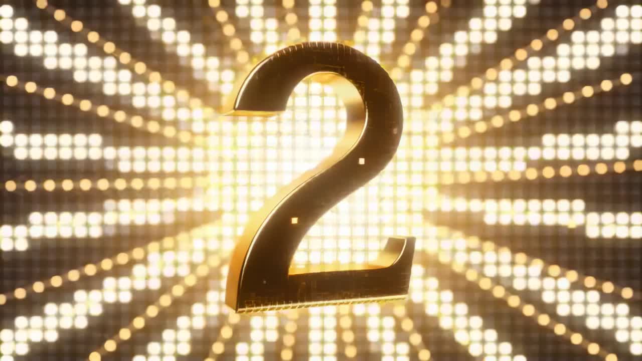 Rotating polished golden omega becoming numeral 2 in digital studio, LED pulse initiating rotation