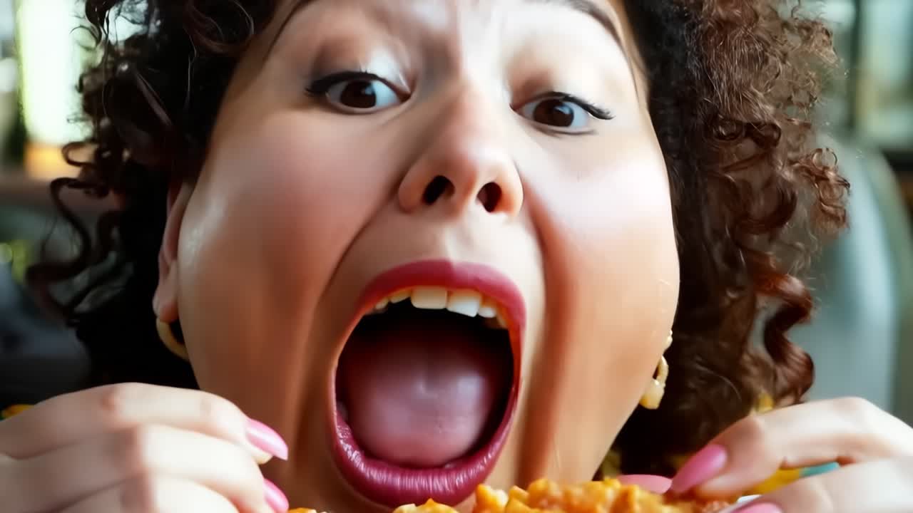 A woman eating a piece of food with her mouth open