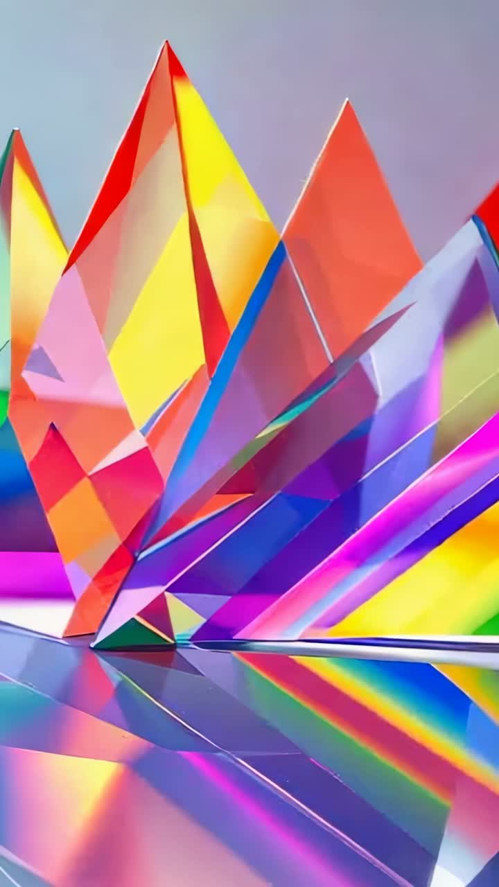 Vertical video: Panning camera over prism cluster on mirrored plane creating rainbow refraction