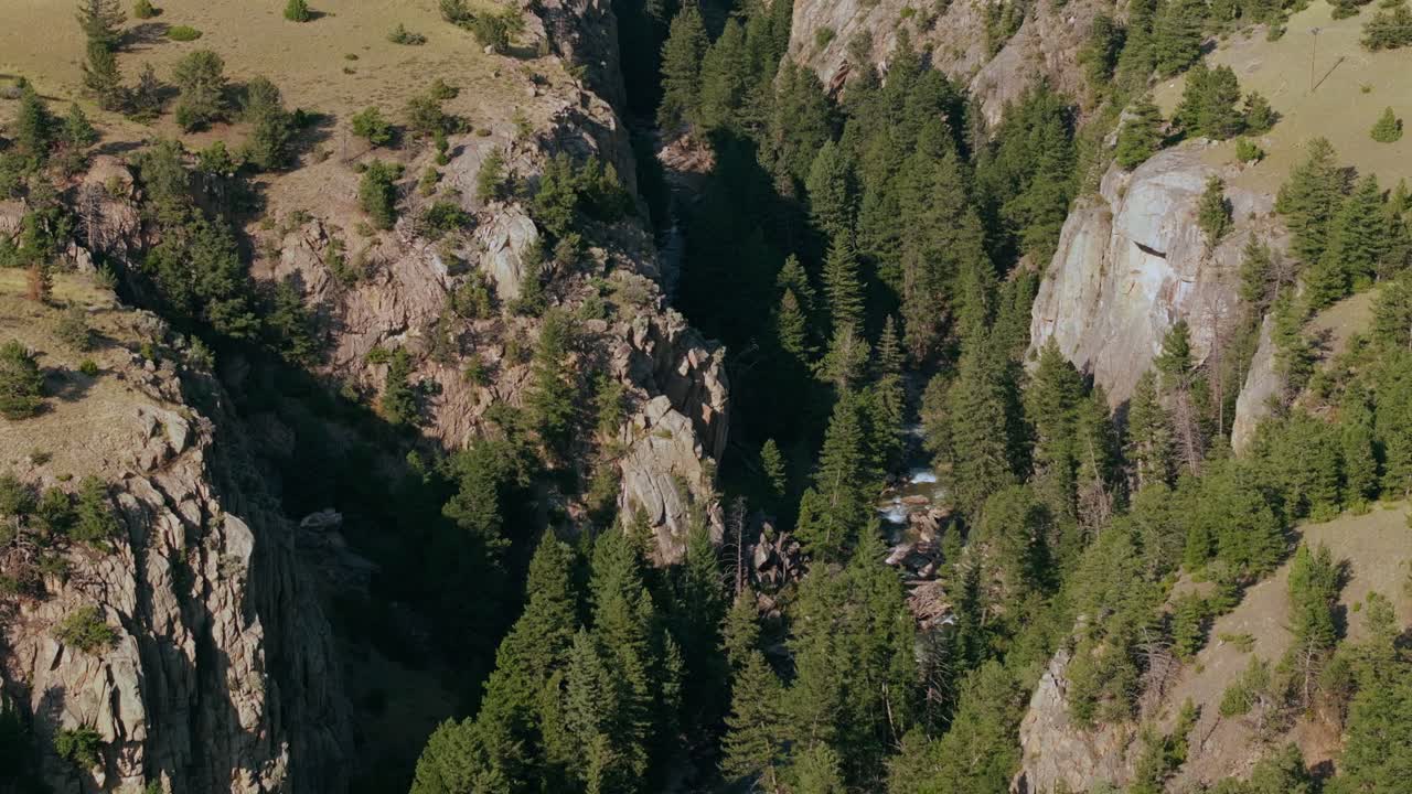 Low-angle aerial of winding river between trees and valley below Sunlight Creek Bridge in Wyoming, showcasing the towering cliffs and the bridge's dramatic height