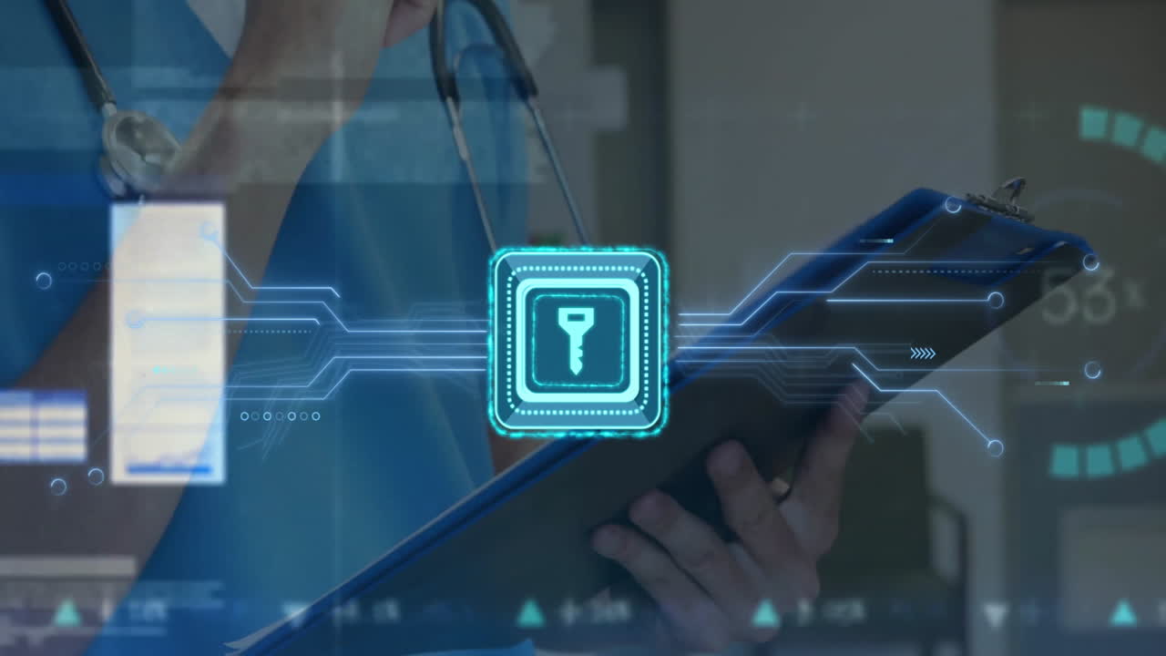 animación de la red de conexiones con llave sobre la doctora caucásica escribiendo en el portapapeles