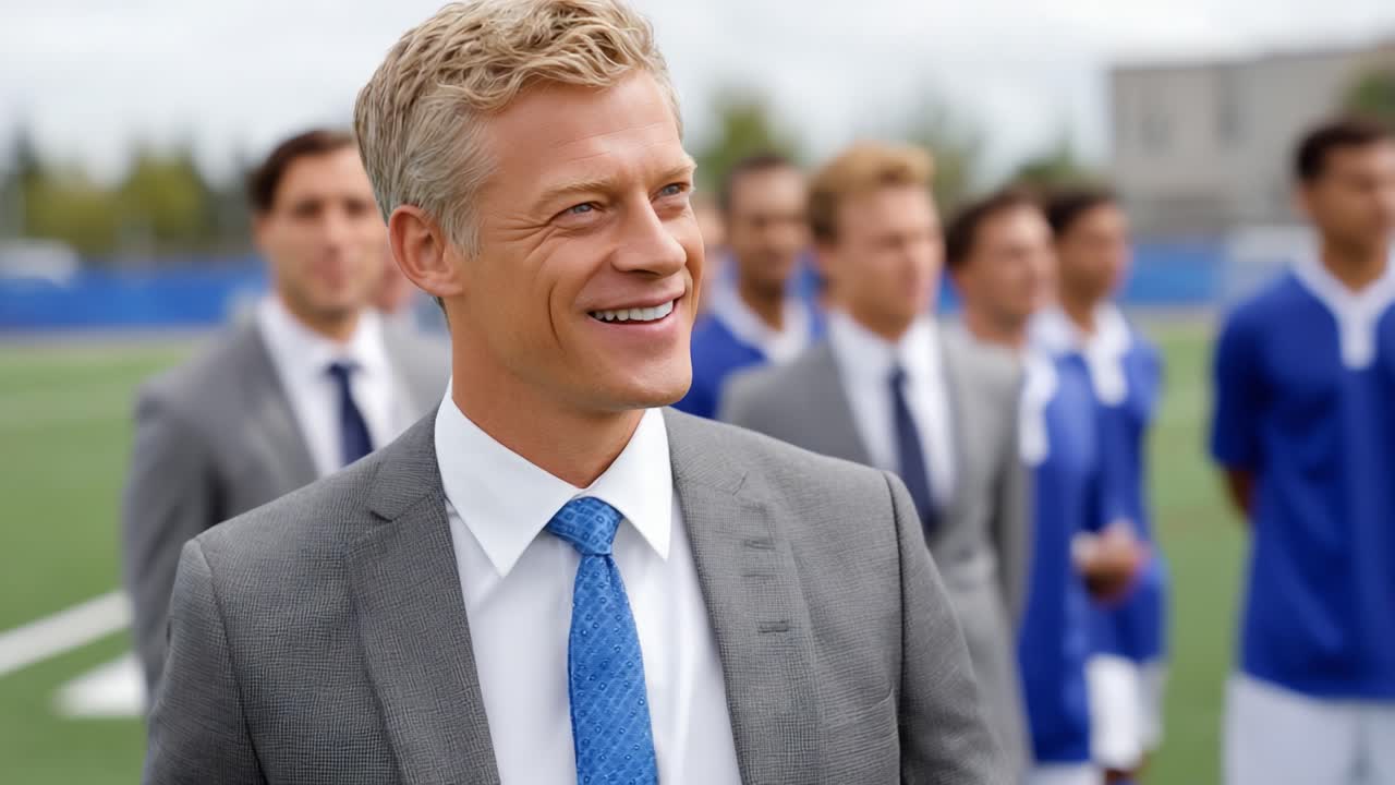 A Confident Coach Leading His Team to Victory with a Smile on a Bright Sunny Day on the Soccer Field, Inspiring Players with Leadership and Motivation