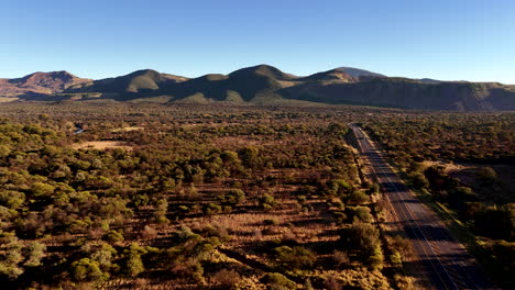 open tar road through rural south african bushveld in early morning, aerial