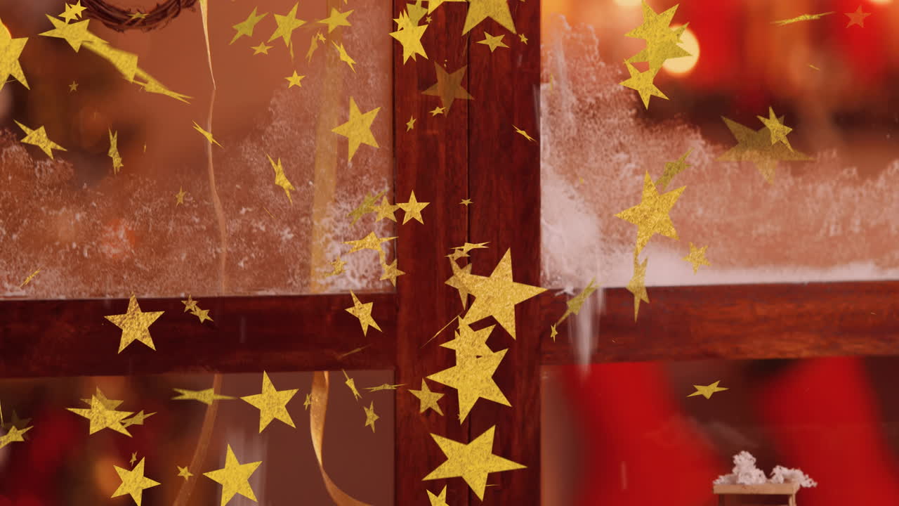창문 에 크리스마스 장식 을 날아다니는 별 들 의 애니메이션