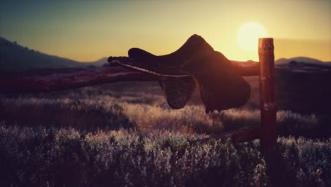 old saddle as the sunset in the country