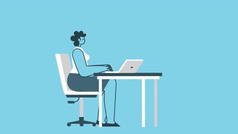 mujer enojada trabajando en una computadora portátil rota en el lugar de trabajo. diseño plano animación de bucle aislado de personaje 2d con asuntos alfa