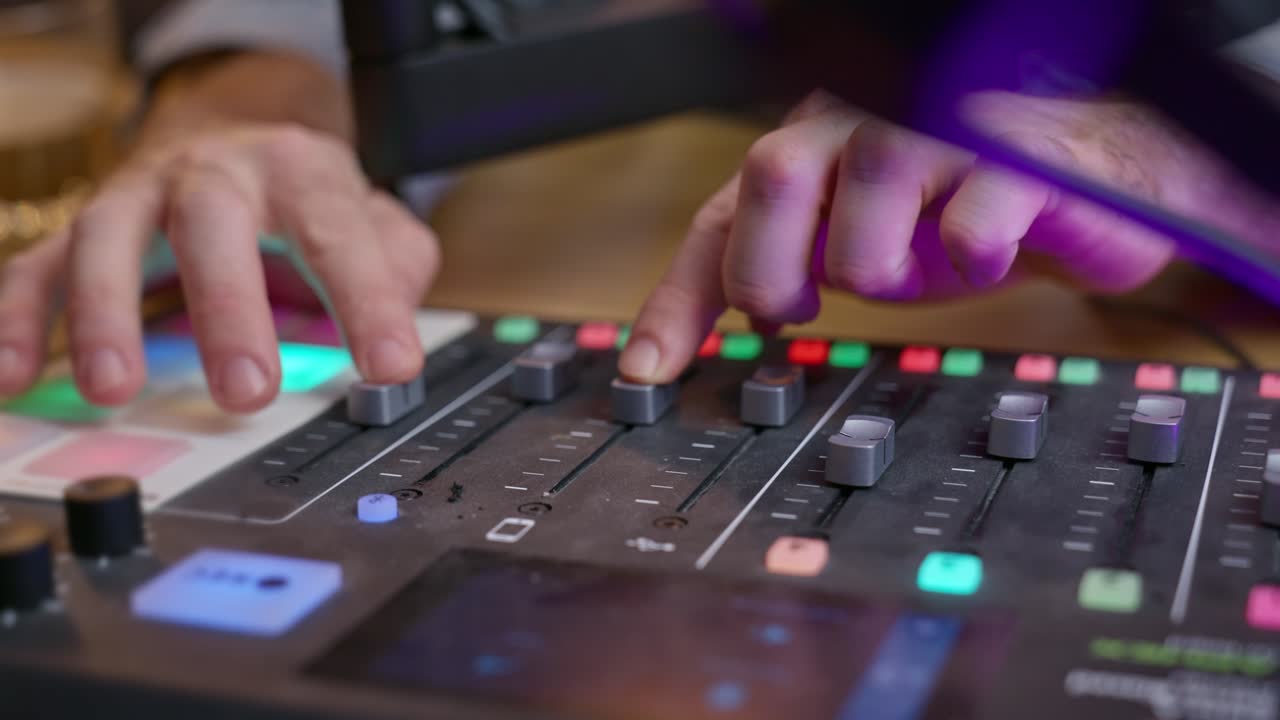 las manos del podcaster ajustando botones, deslizadores y botones en la consola de audio profesional. entorno de estudio moderno. precisión y control en un entorno de transmisión activa. podcast o estación de radio. en vivo