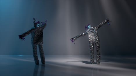 dancing glittery figures in neon light