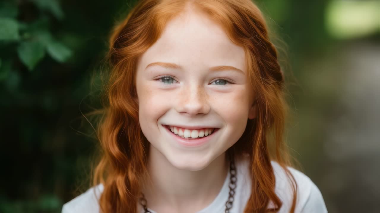 Close up portrait of a smiling redhead girl with freckles and blue eyes wearing a white t shirt and a necklace, looking up and daydreaming with a blurred green background