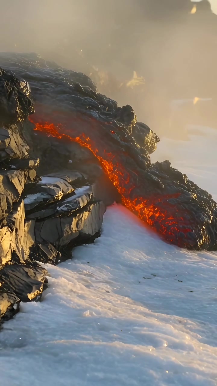 Vertikal video: Magma som matar en lavaström som rör sig nerför en stenig strand in i skummande bränningar, med ånga som stiger.