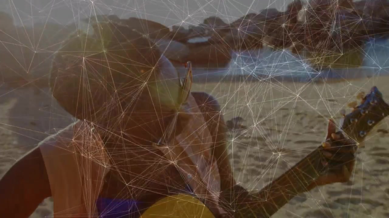 Closeup starting cam pulling back, woman strumming guitar, fretting, net overlay, relaxing shore
