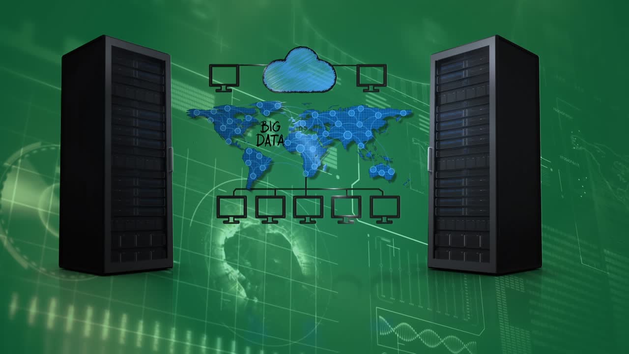 Komposition af digital databehandling med globus og computerserver.