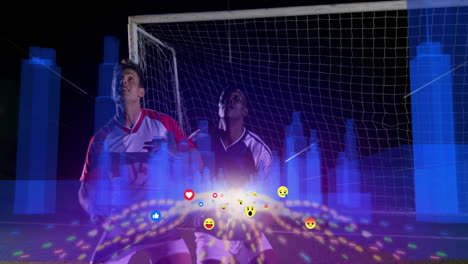 two soccer players in front of goal with digital cityscape animation overlay