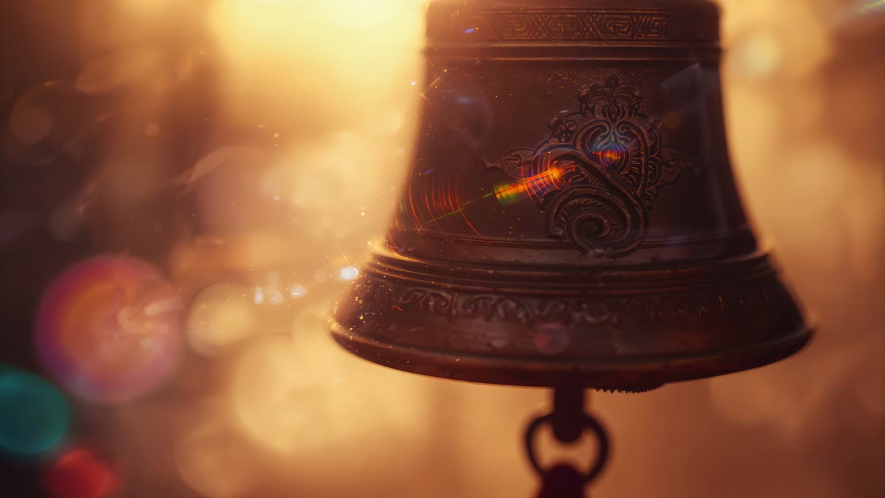 Campana decorata oscillante che reagisce alla retroilluminazione variabile, mostrando striature arcobaleno e bokeh