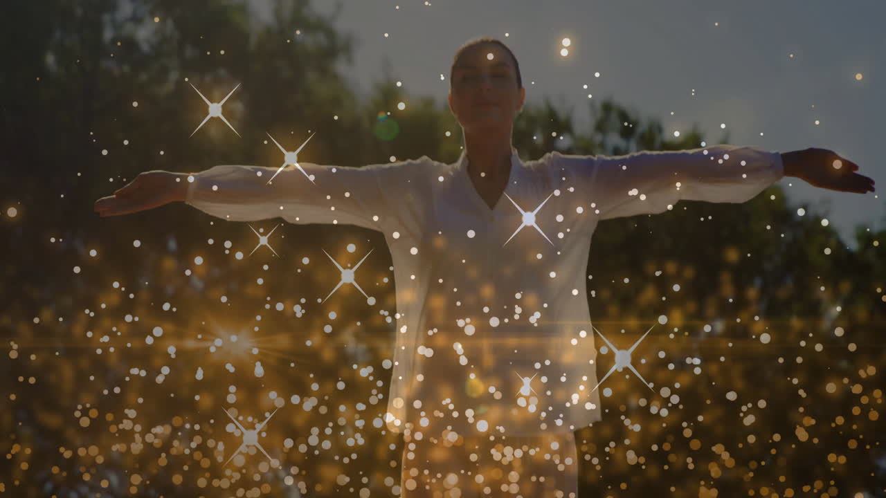 카우카스 여성이 손을 들어 올리는 위에 떠다니는 별의 애니메이션