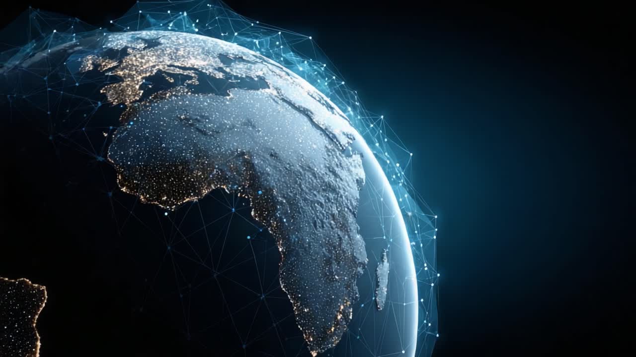 A Stunning View of Earth Showcasing the Continent of Africa Illuminated at Night with a Network of Geometric Connections Depicting Data and Technology Integration