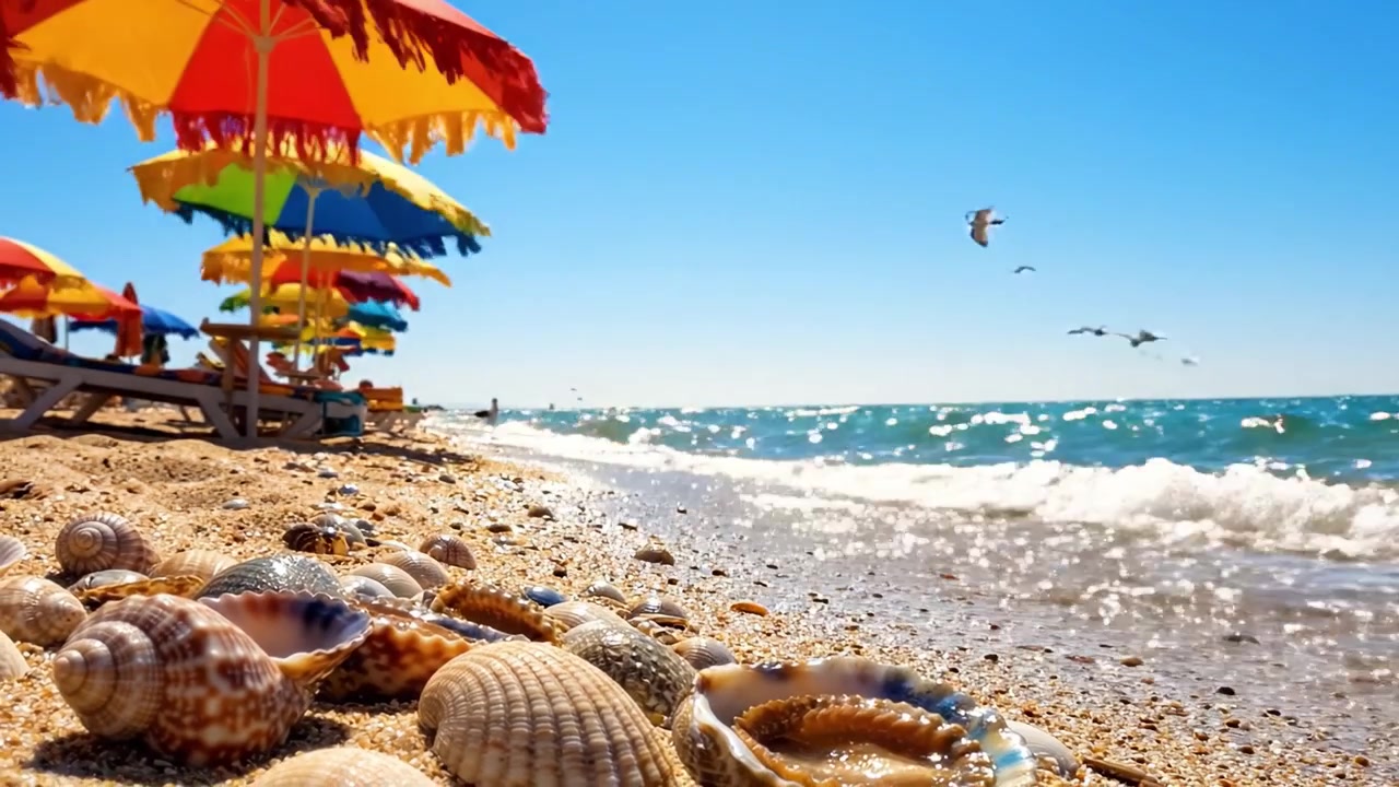Levendige Strandscène met Kleurrijke Parasols en Schelpen op Zandstrand Onder Helderblauwe Lucht, Vangt de Essentie van een Ontspannende Zomerdag aan Zee