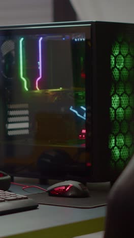 close-up of a high-performance gaming pc with rgb lighting and gaming mouse